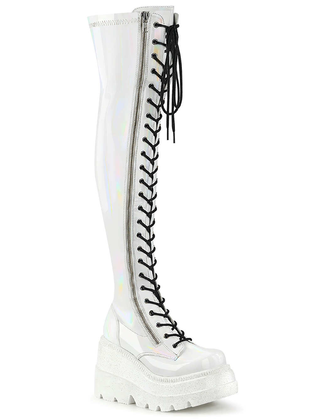 Iridescent white thigh-high lace-up wedge boots with zipper, 4.5" platform, perfect for making a bold fashion statement.