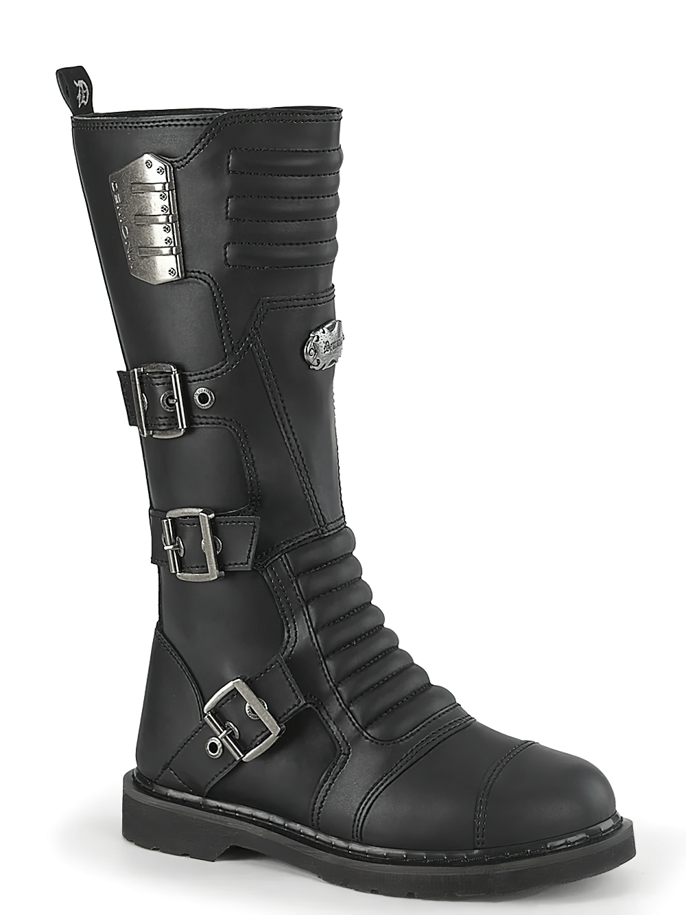 Demonia unisex knee-high combat boot in black vegan leather with buckle straps and quilted shield detail.