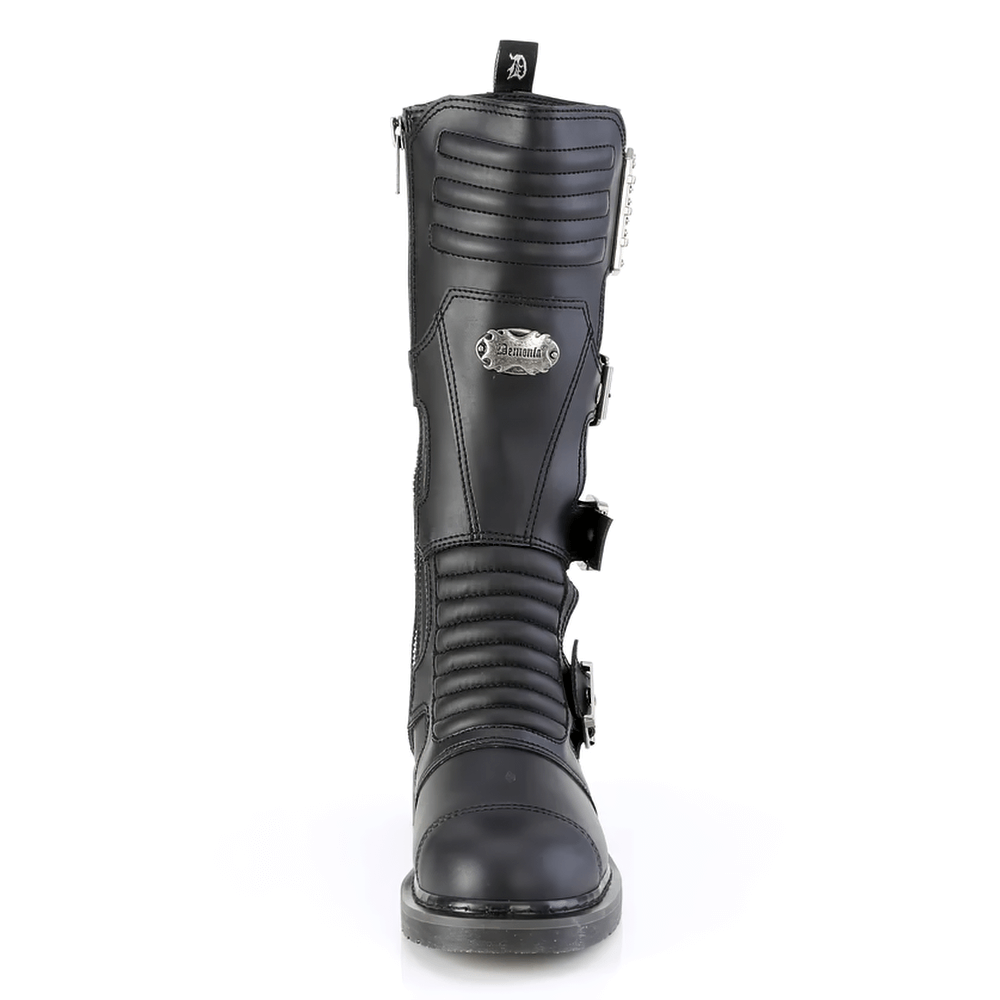 Demonia knee high combat boot with buckle straps, black vegan leather, adjustable fit, and quilted design.