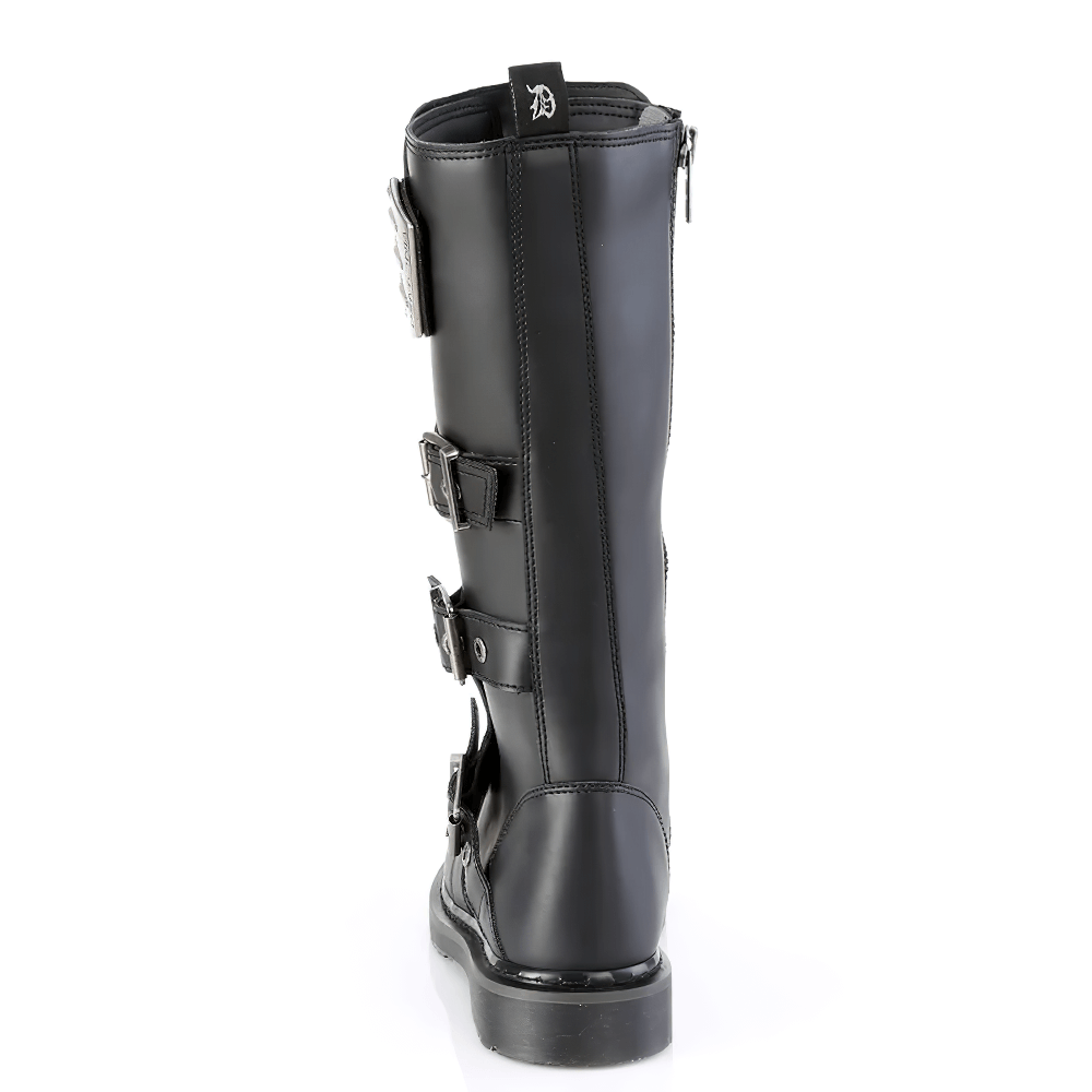 Back view of DEMONIA knee-high combat boot with buckle straps, crafted from sleek vegan leather.
