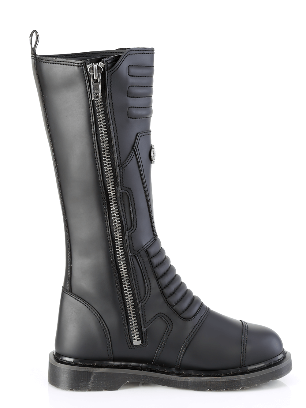 Demonia knee high combat boot with adjustable buckle straps and side zip, crafted from sleek vegan leather.