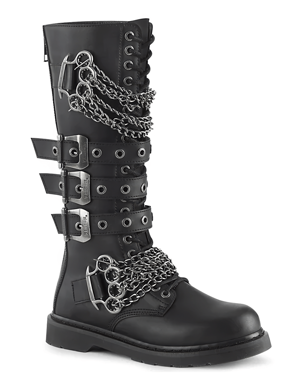 Demonia knee-high combat boots with chain details and brass knuckle straps, made of ethical black vegan leather.