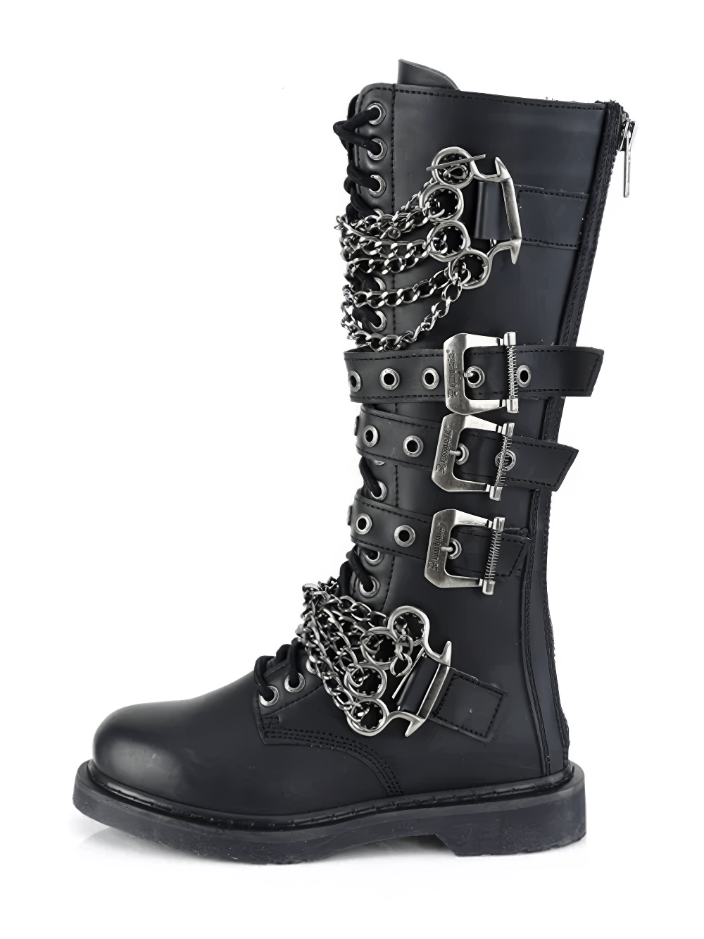 Demonia knee-high combat boots with chain details and brass knuckles, made from ethical black vegan leather.