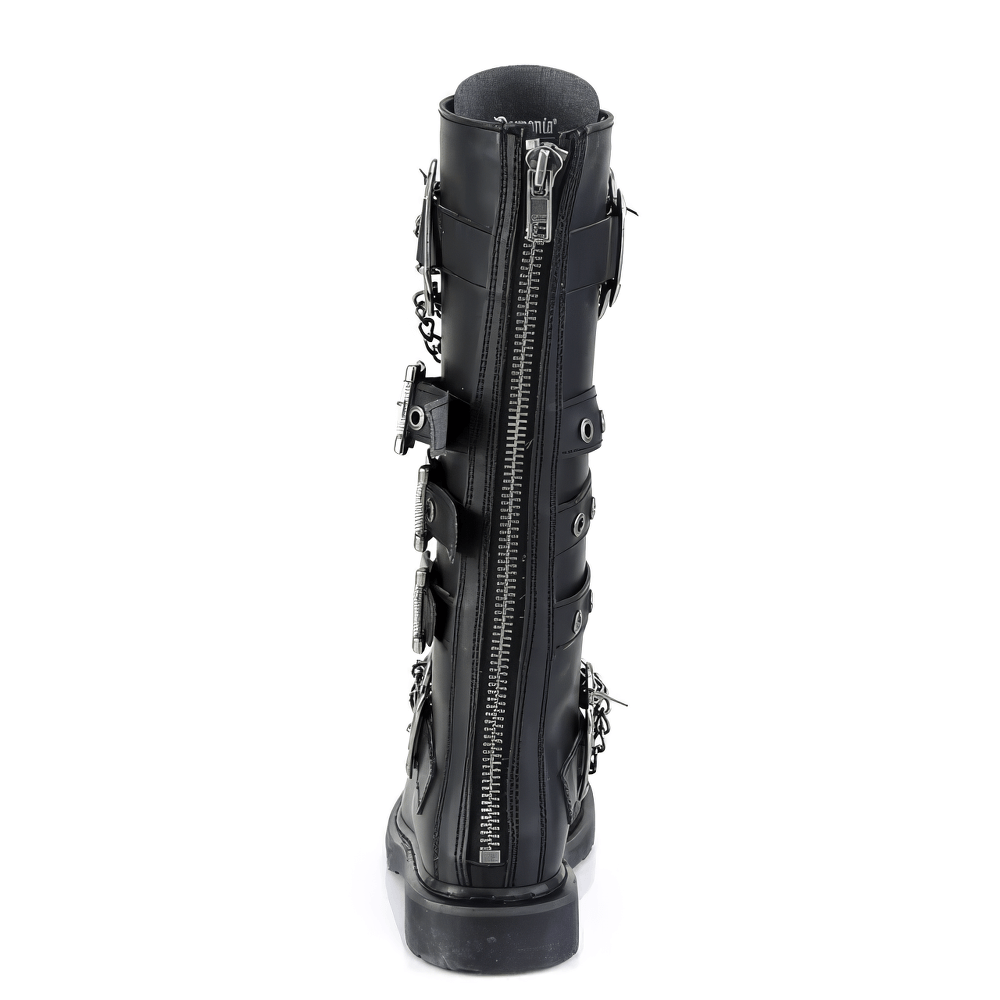 Back view of DEMONIA knee-high combat boots featuring triple buckle straps and chain details.