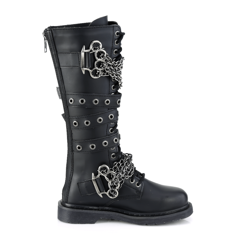 Demonia knee-high combat boots with chain details and brass knuckles, crafted from black vegan leather.