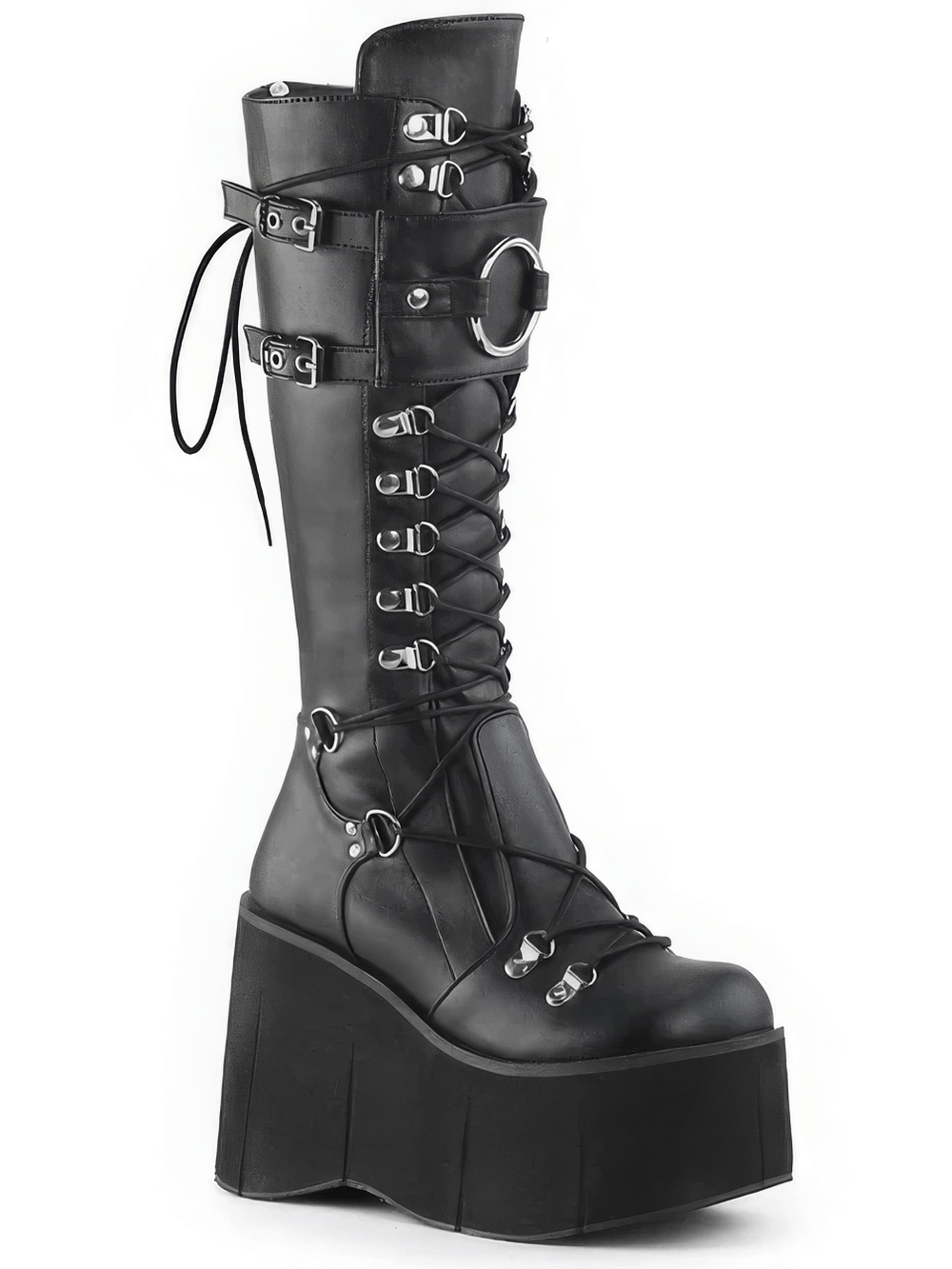 DEMONIA Knee-High Lace-Up Boots with Oversized O-Ring