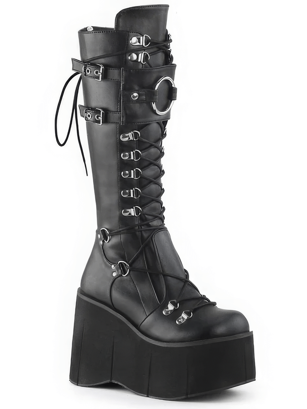 Demonia knee-high lace-up platform boots in black vegan leather with oversized O-ring detail.