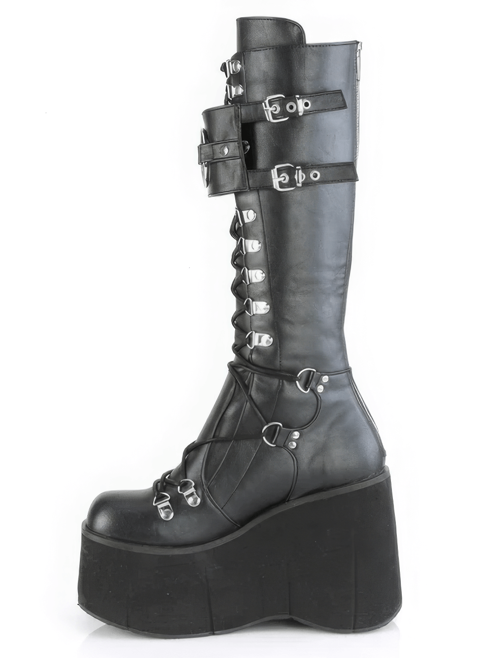 Demonia knee-high lace-up platform boots with oversized O-ring and metal details in black vegan leather.