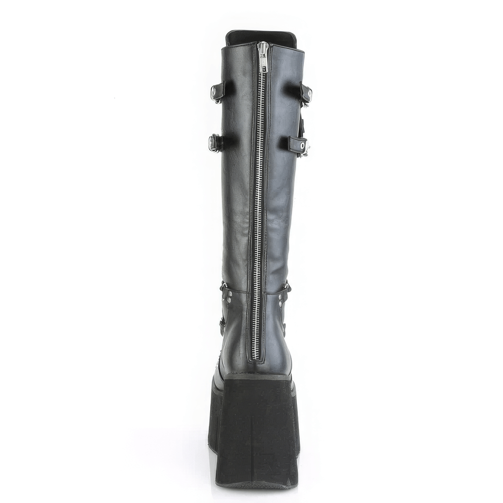 Back view of DEMONIA knee-high platform boots with metal details and a full-length zipper.