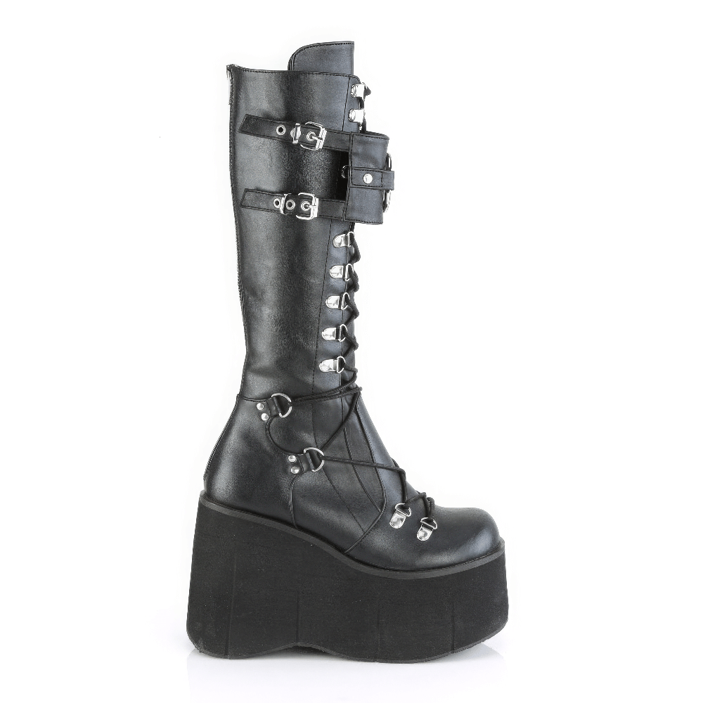 Demonia knee-high lace-up platform boots with oversized O-ring and metal details for an edgy look.
