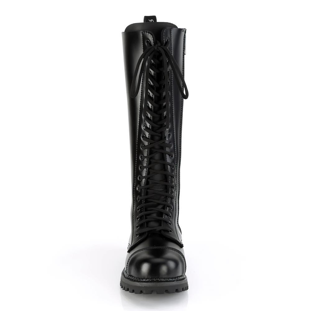 Demonia knee-high black lace-up boots with 20 eyelets, steel toe, and rubber sole for gothic punk style.