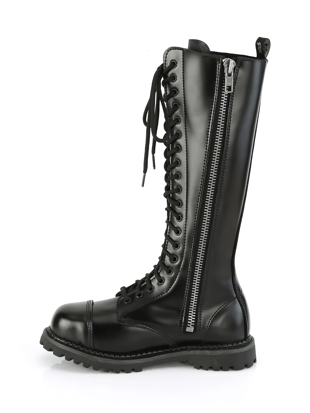 Demonia knee-high lace-up boots with steel toe and rubber sole, showcasing a fierce goth-punk style.