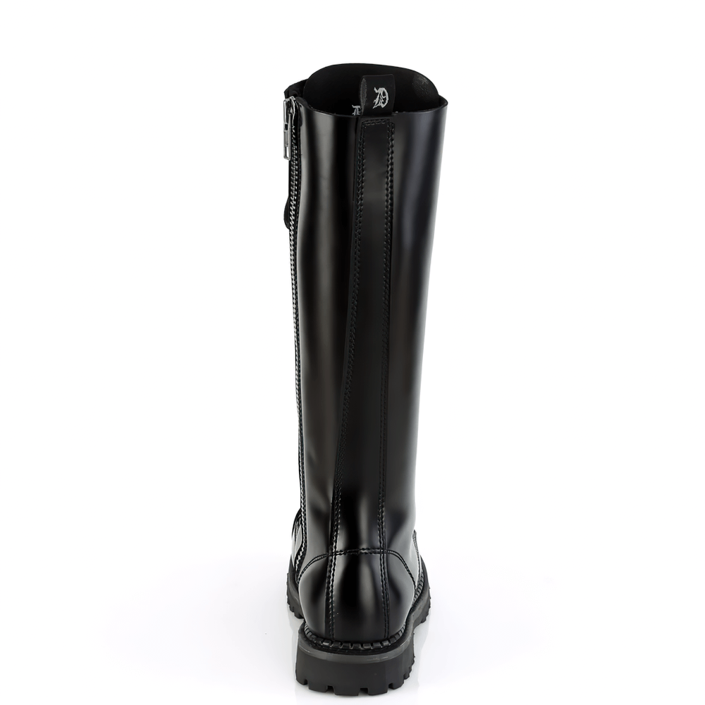 Back view of DEMONIA knee-high lace-up boots with steel toe, featuring a sleek black finish and sturdy rubber sole.