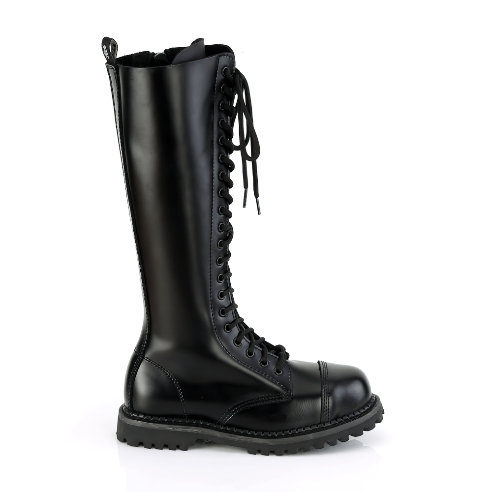 Demonia knee-high lace-up boots with steel toe and rubber sole, ideal for goth punk style and durability.