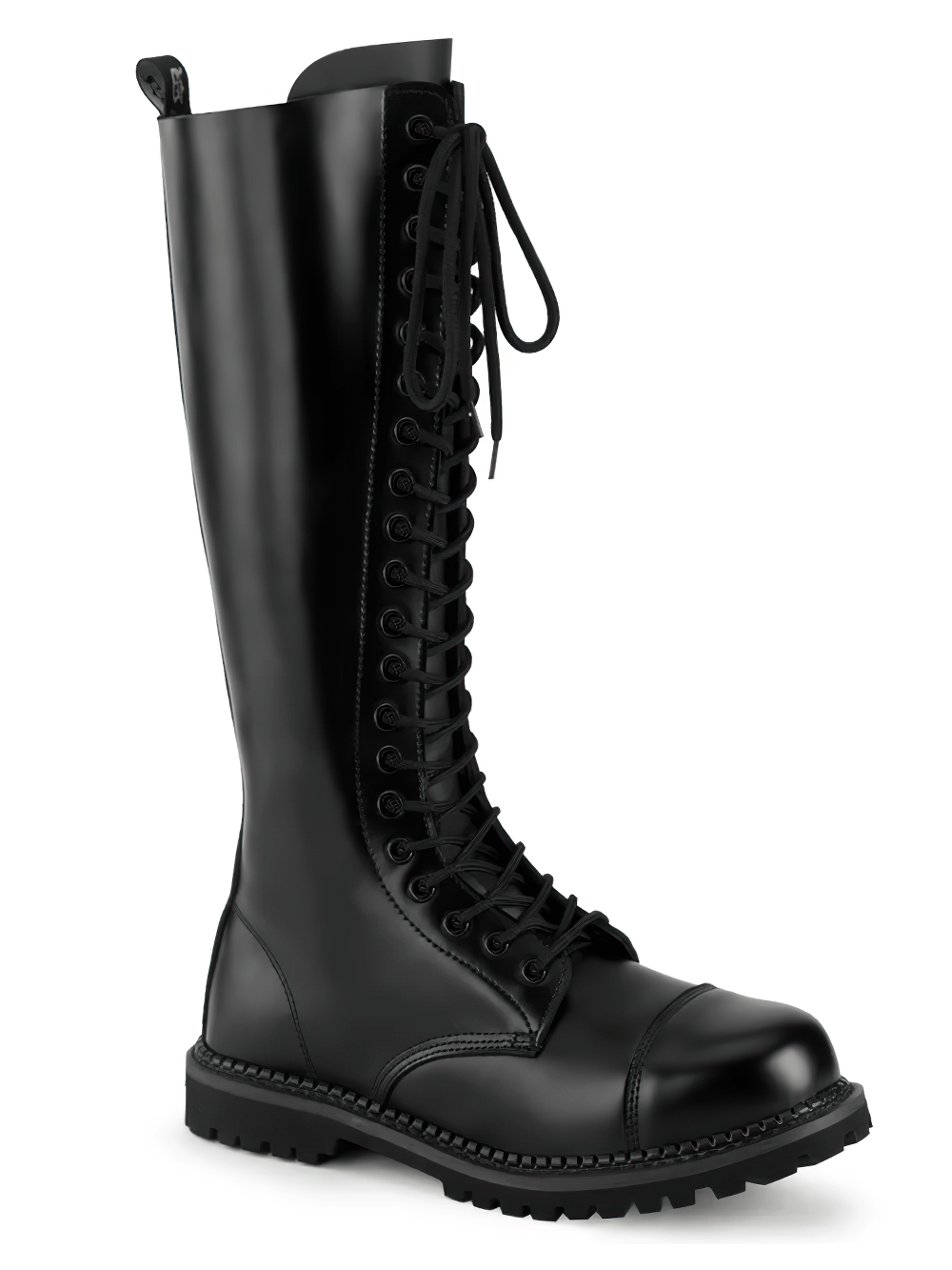 Demonia knee-high lace-up boots with steel toe and rubber sole, perfect for goth punk style and durability.