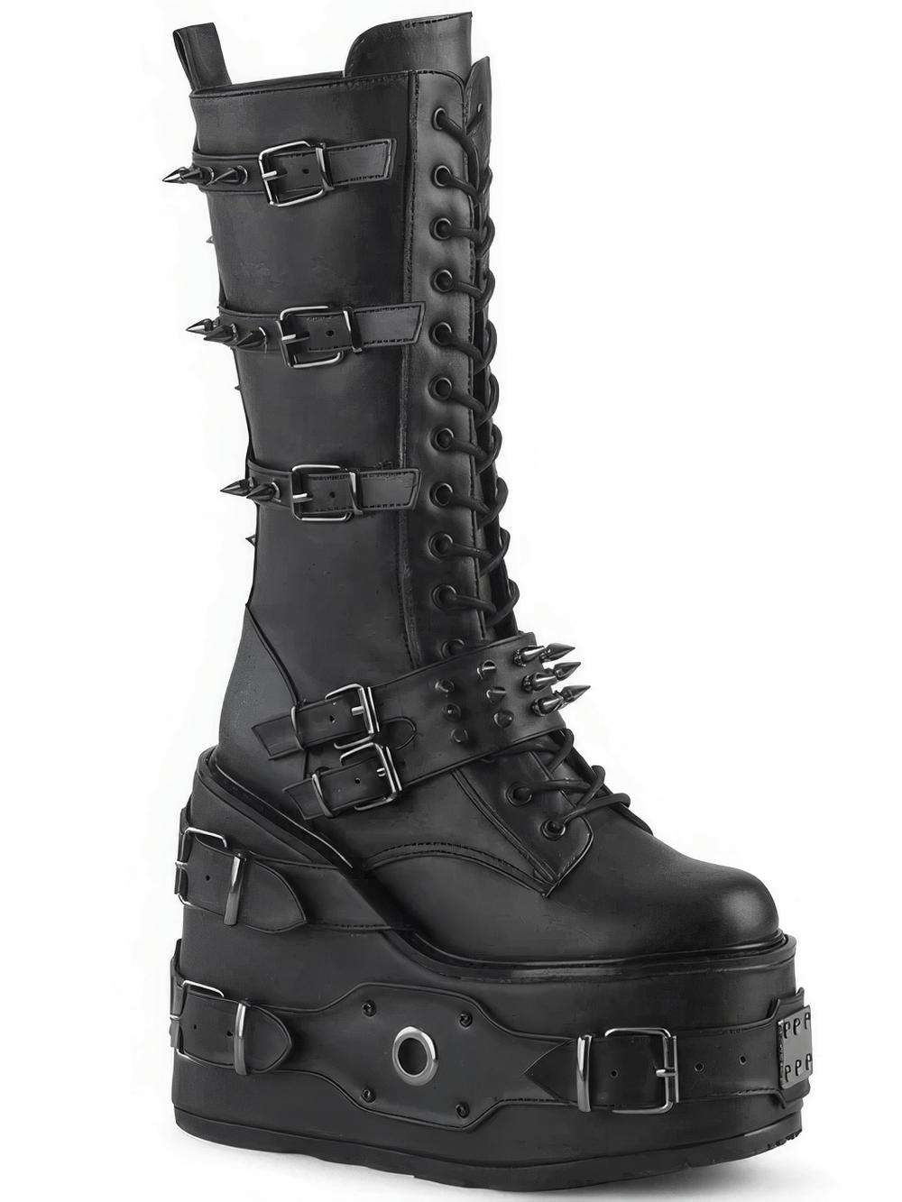 Demonia knee-high platform boots with spiked buckle straps, lace-up front, and metal details for alternative fashion.