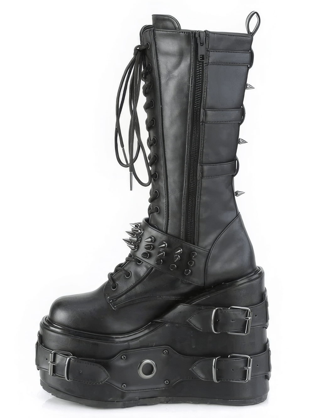 Demonia knee-high platform boots with spiked buckle straps and O-ring details, perfect for alternative fashion.