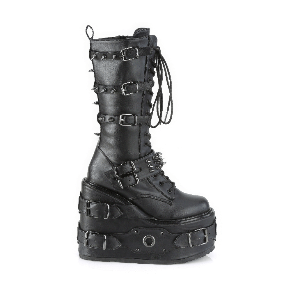 Demonia knee-high platform boots with spiked buckle straps and lace-up front, featuring a fierce punk style.