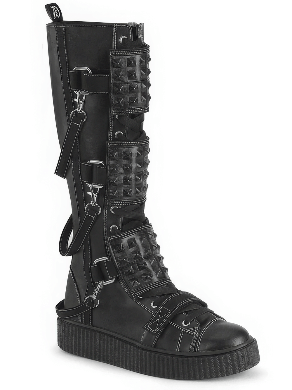 Edgy Demonia knee-high platform boots with studded shield straps and lace-up detail, perfect for a rebellious style.