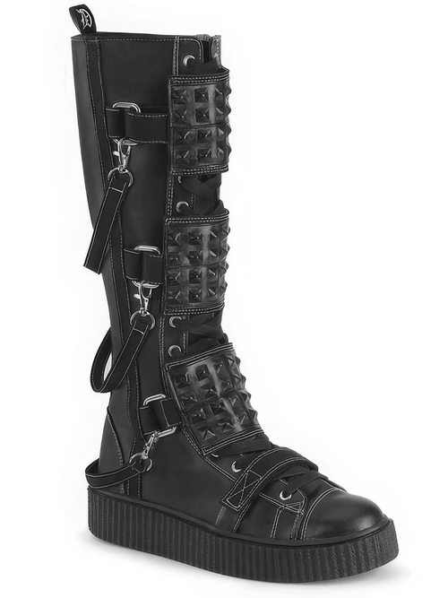 DEMONIA Bottes à plateforme hauteur genou avec sangles de bouclier cloutées