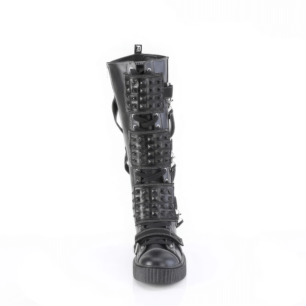 DEMONIA Knee-High Platform Boots with Studded Shield Straps