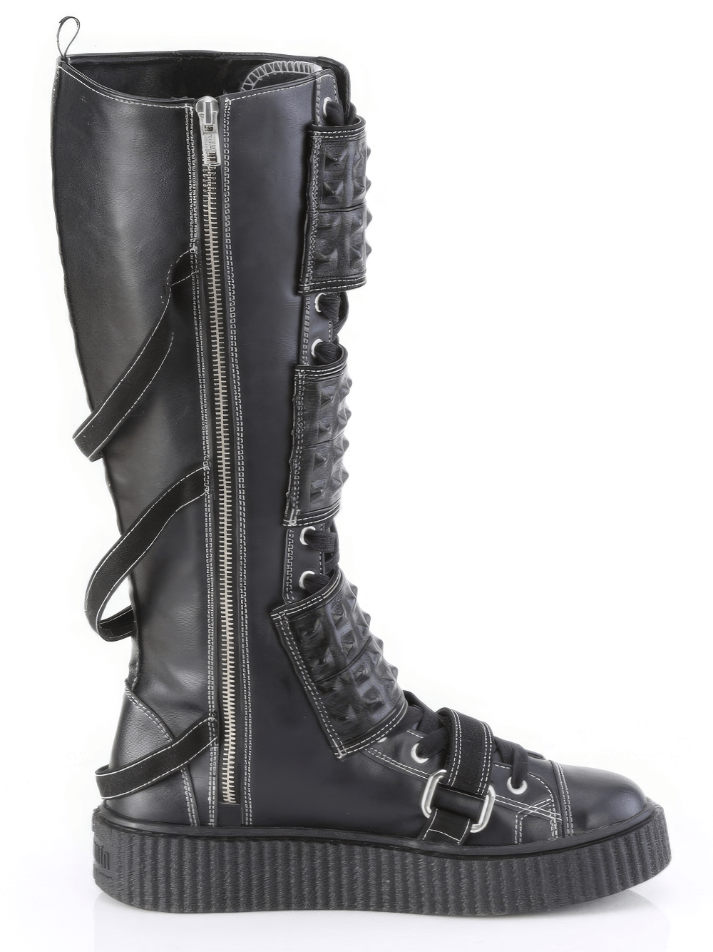 Edgy Demonia knee-high platform boots with studded shield straps and lace-up design.