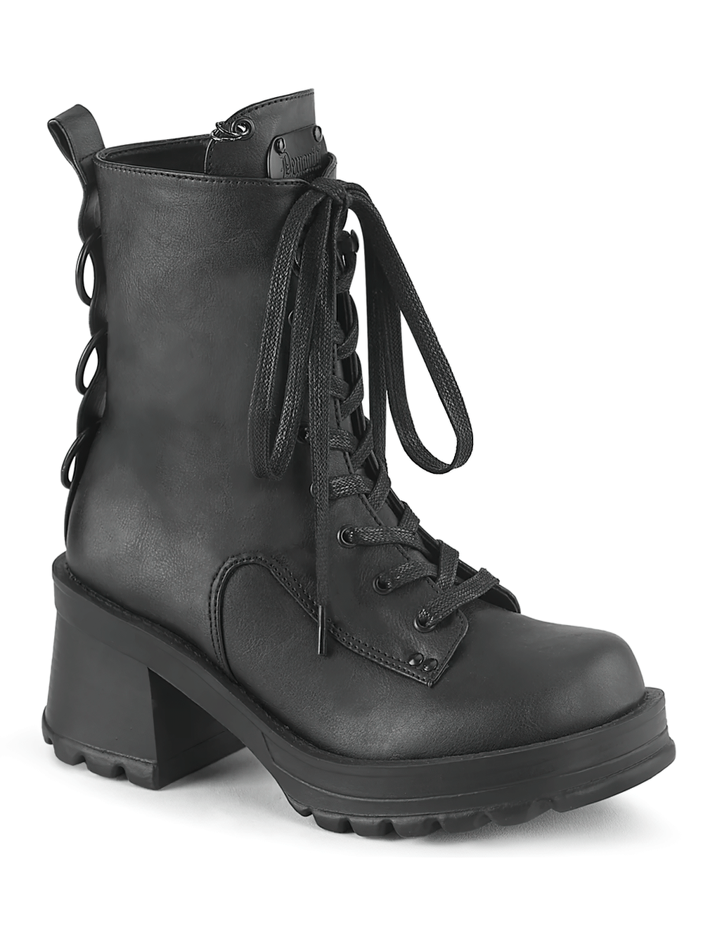 Demonia lace-up ankle boots in black vegan leather with chunky heel and O-rings for a punk rock vibe.