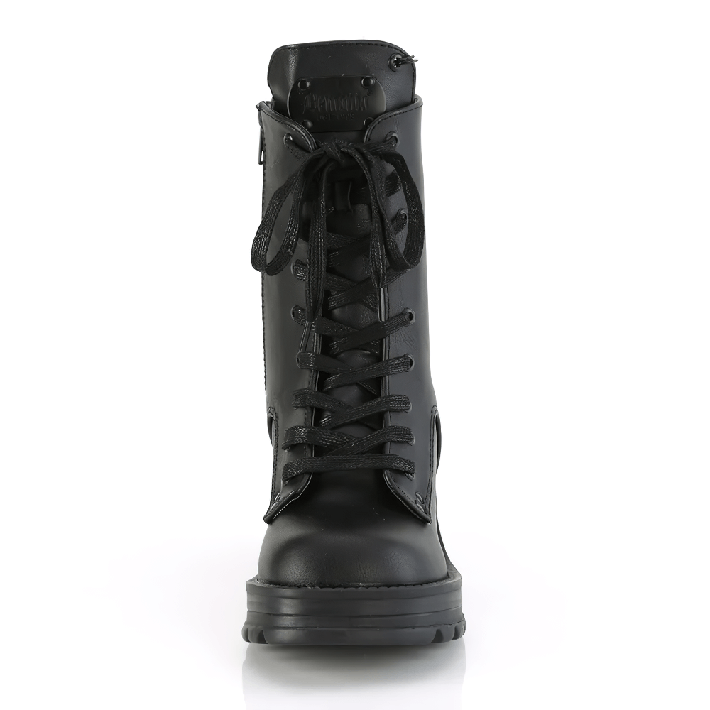 Demonia lace-up ankle boots in black vegan leather with chunky heel and O-rings for a punk rock look.