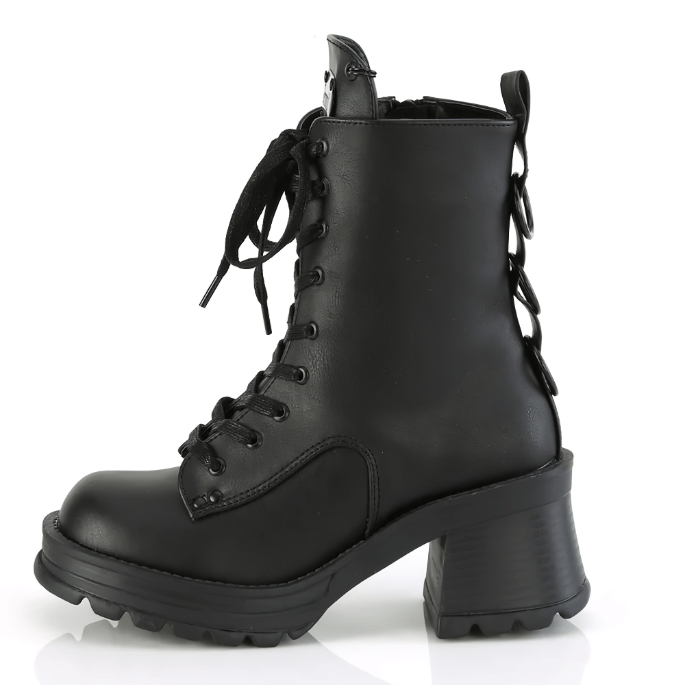 Stylish DEMONIA black vegan leather lace-up ankle boots with chunky heel and unique O-rings.