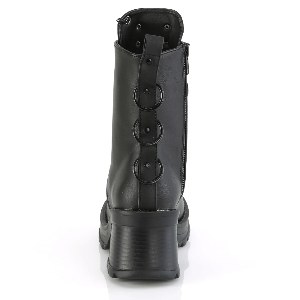 Back view of DEMONIA lace-up ankle boots in black vegan leather with chunky heel and O-rings.
