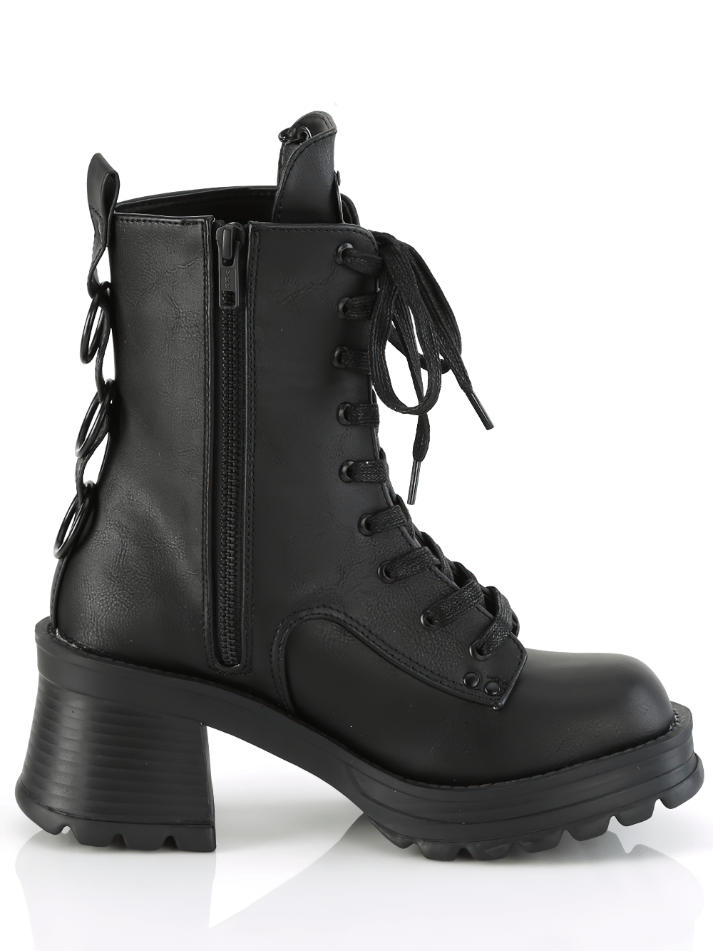 Daring black vegan leather lace-up ankle boots with chunky heel and O-rings, featuring a side metal zip closure.