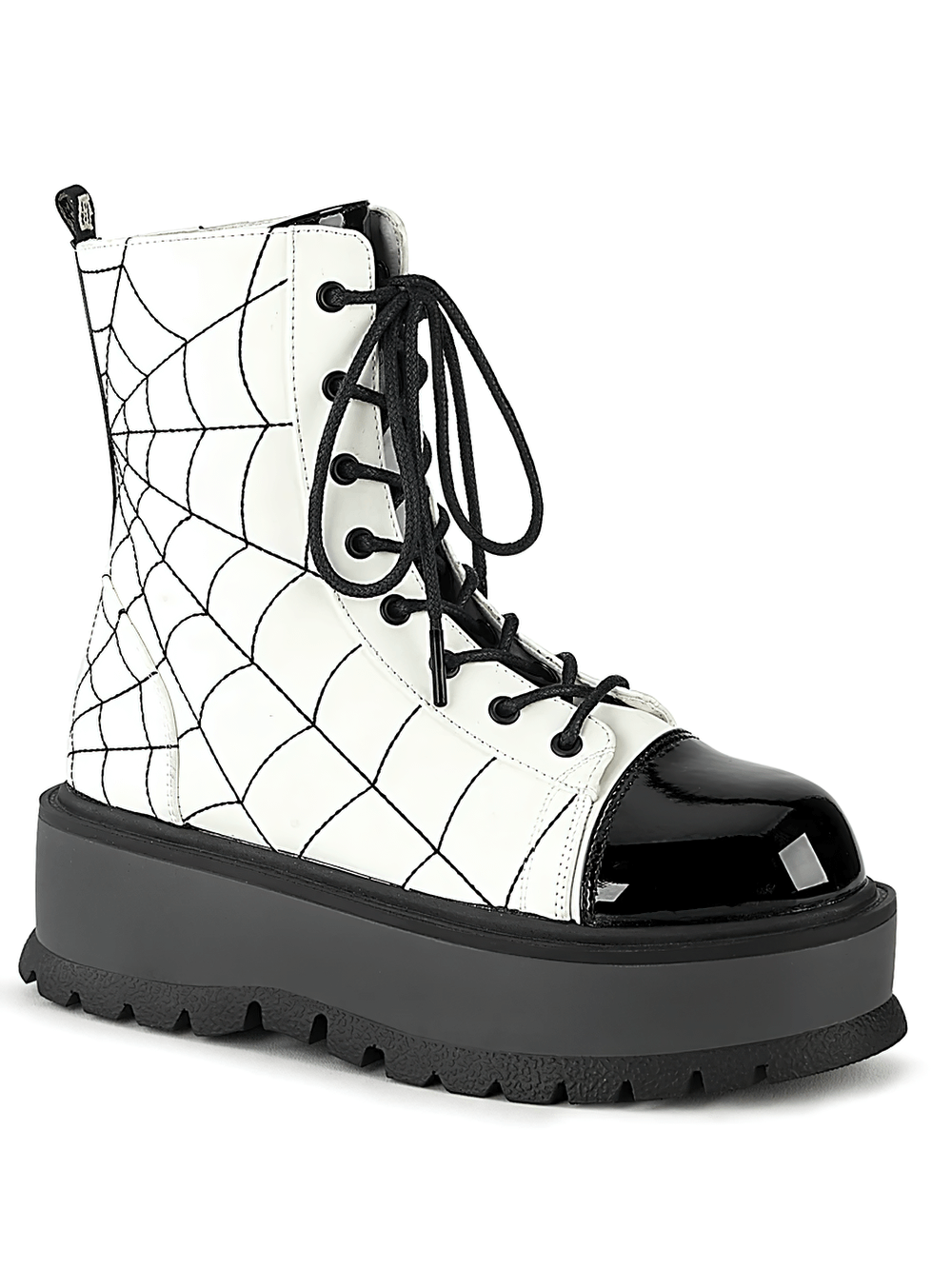 Demonia lace-up ankle boots with embroidered spider web design on a platform, perfect for alternative fashion lovers.