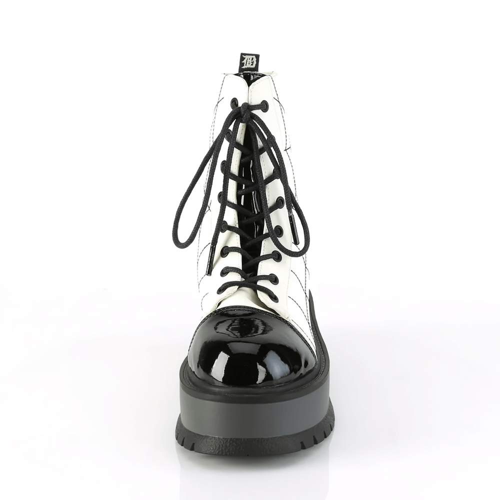 DEMONIA Lace-Up Ankle Boots with Embroidered Spider Web