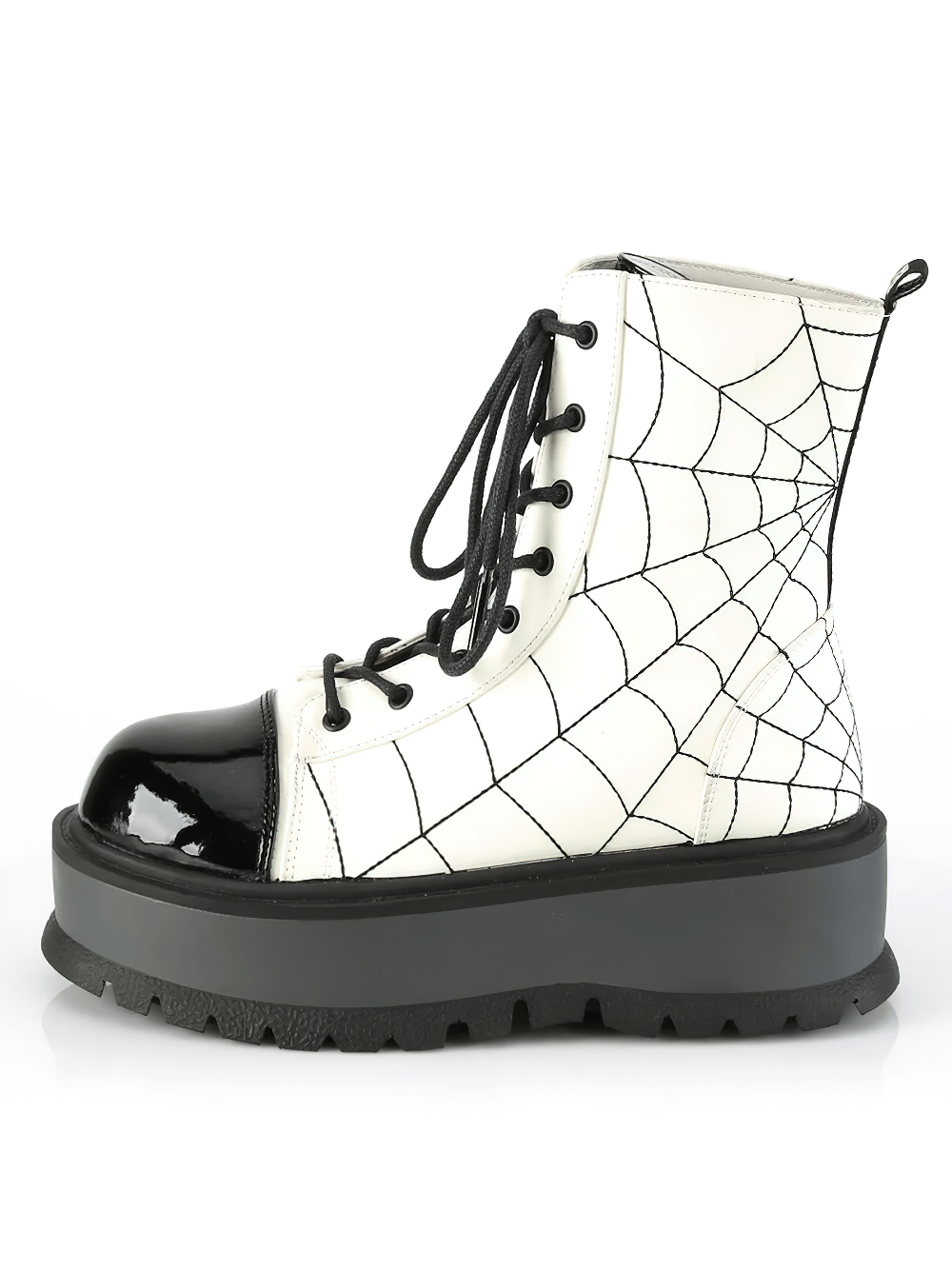 Demonia lace-up ankle boots with embroidered spider web, black accents on white vegan leather, perfect alternative style.