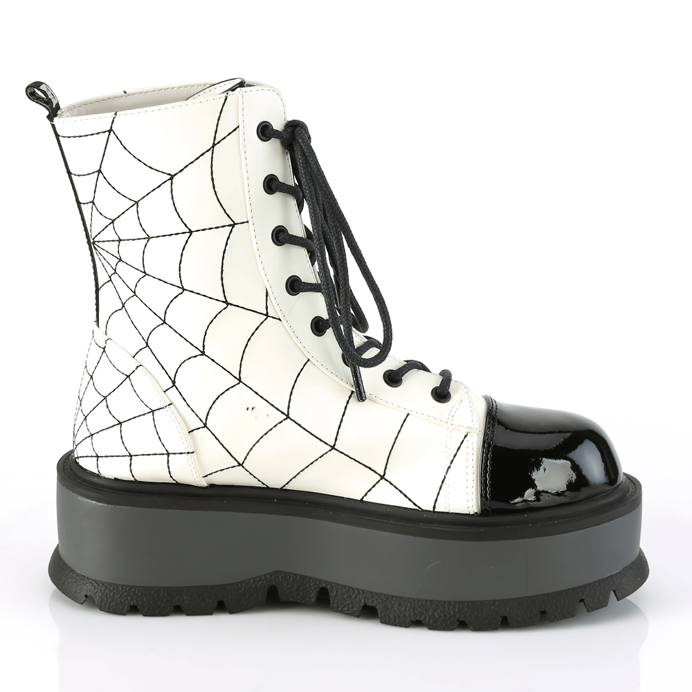 Demonia lace-up ankle boots with embroidered spider web design and 2" platform, perfect for gothic fashion.