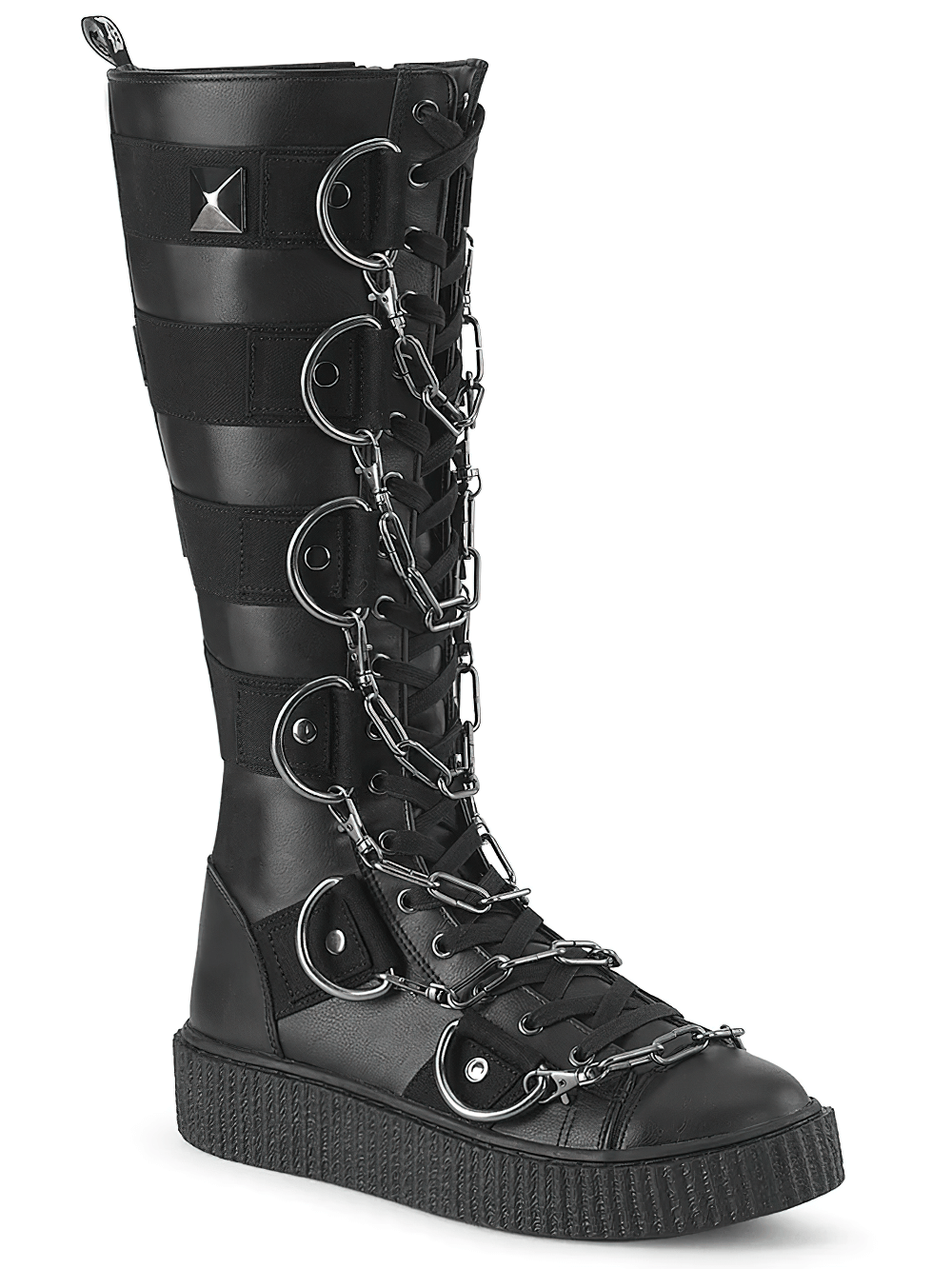 DEMONIA Lace-Up Knee-High Creeper Boot with Chain Detail