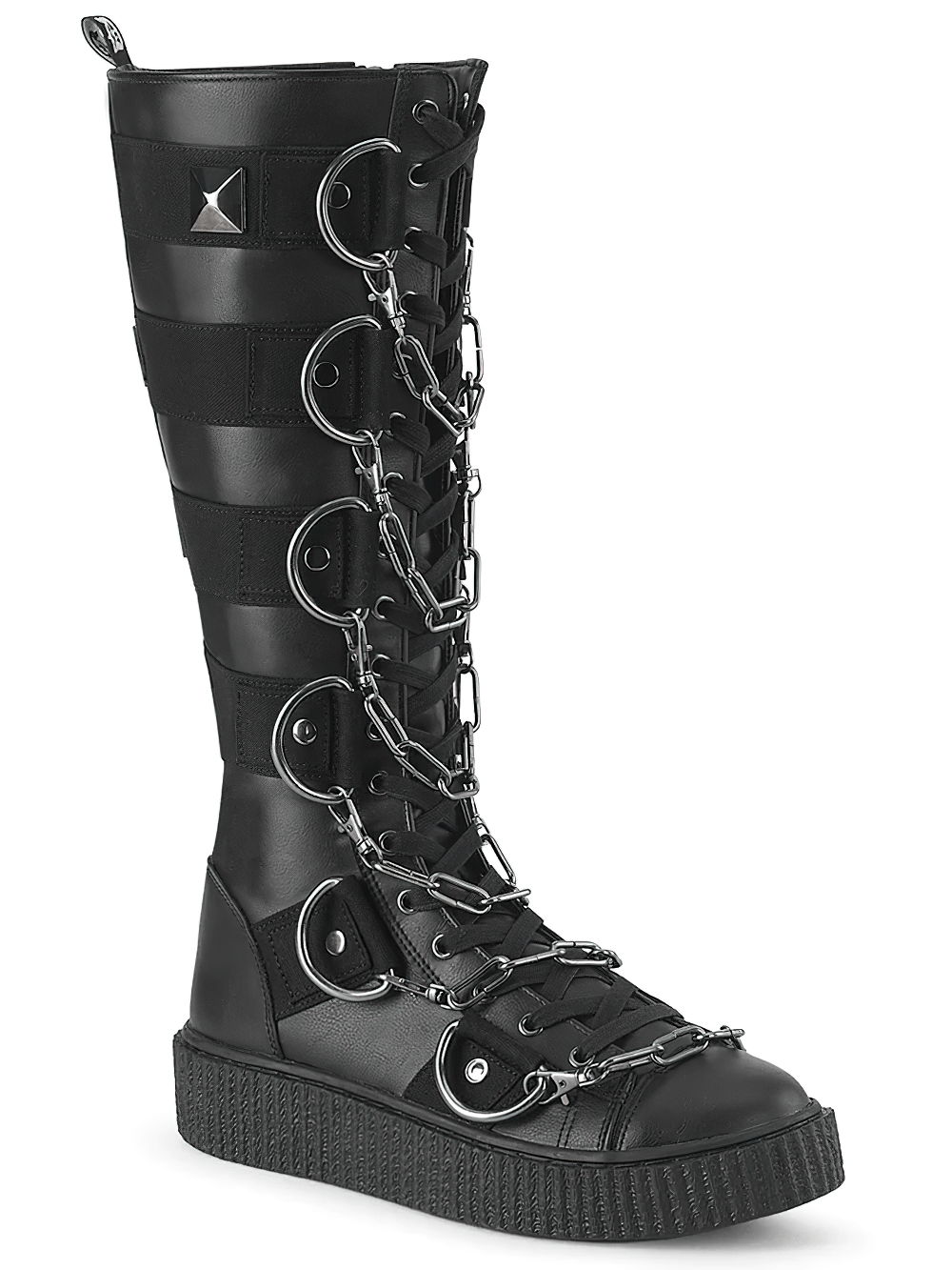 Demonia lace-up knee-high creeper boot with chain detail and striped panel design, showcasing bold D-rings and pyramid studs.