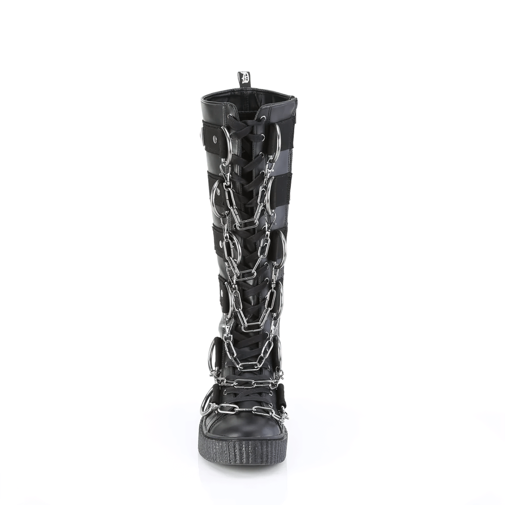 Demonia lace-up knee-high creeper boot featuring chains and striped panels for edgy style and height.