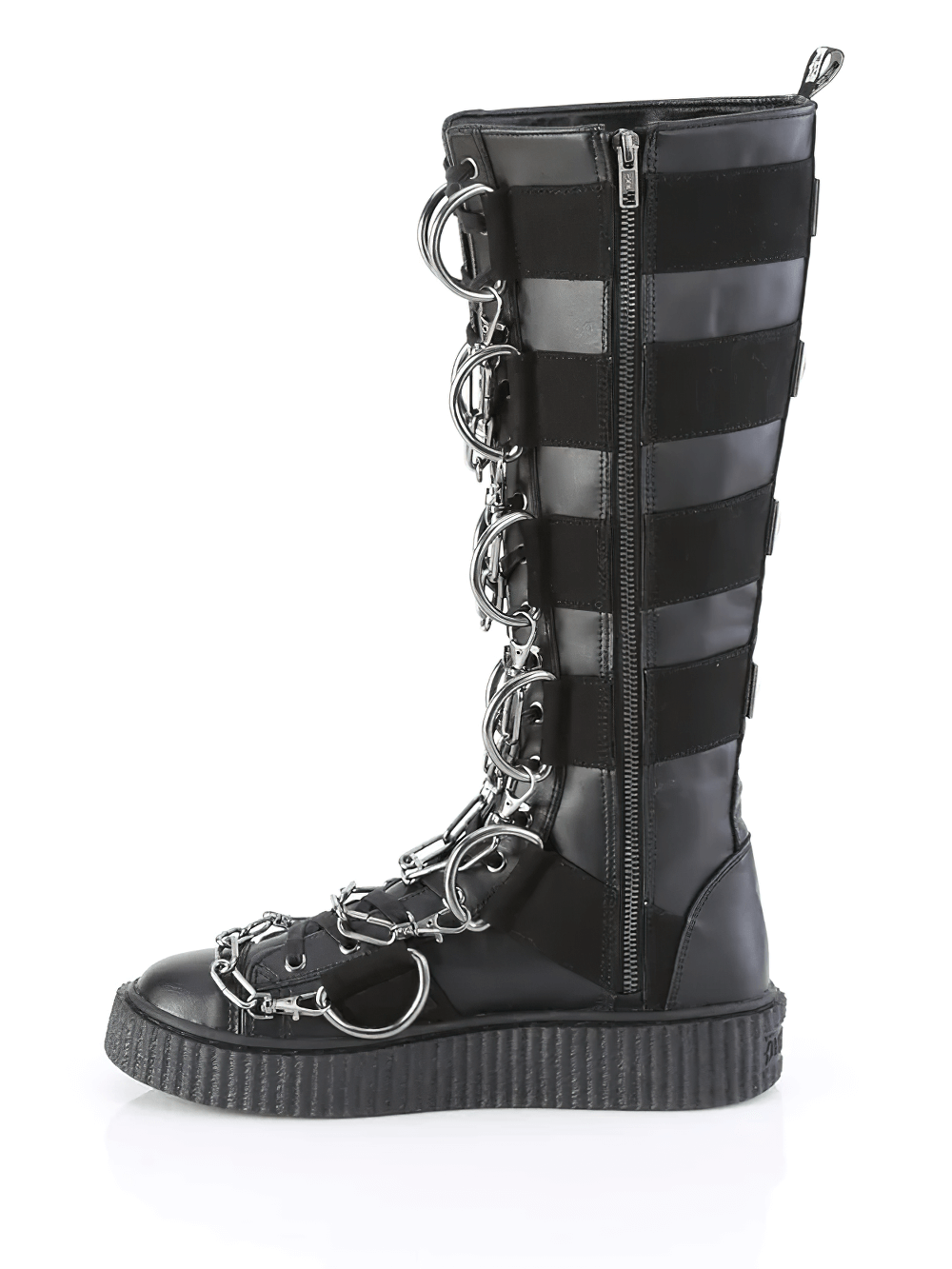 Demonia lace-up knee-high creeper boot with chain detail and striped panels, featuring a platform sole and bold D-rings.