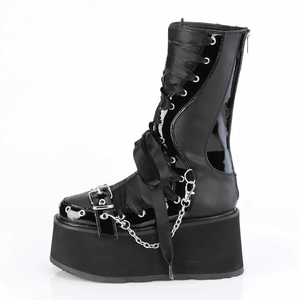 DEMONIA Lace-Up Mid-Calf Boots with Chains and Zipper