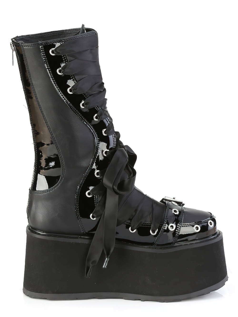 DEMONIA Lace-Up Mid-Calf Boots with Chains and Zipper