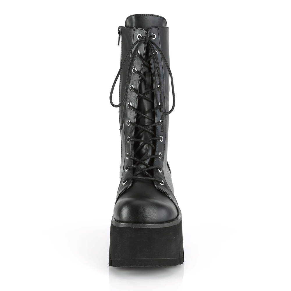 Front view of DEMONIA lace-up mid-calf platform boots with side zipper, featuring a chunky heel and sleek black vegan leather.