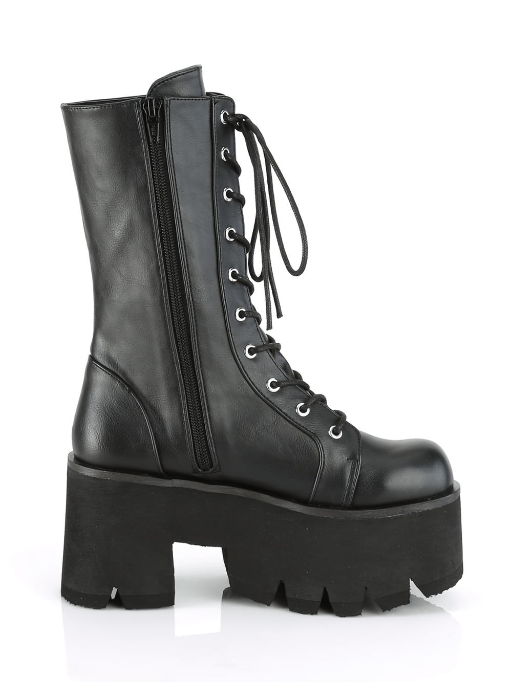 Stunning black mid-calf platform boots with lace-up front and side zipper, featuring a chunky heel and sleek design.