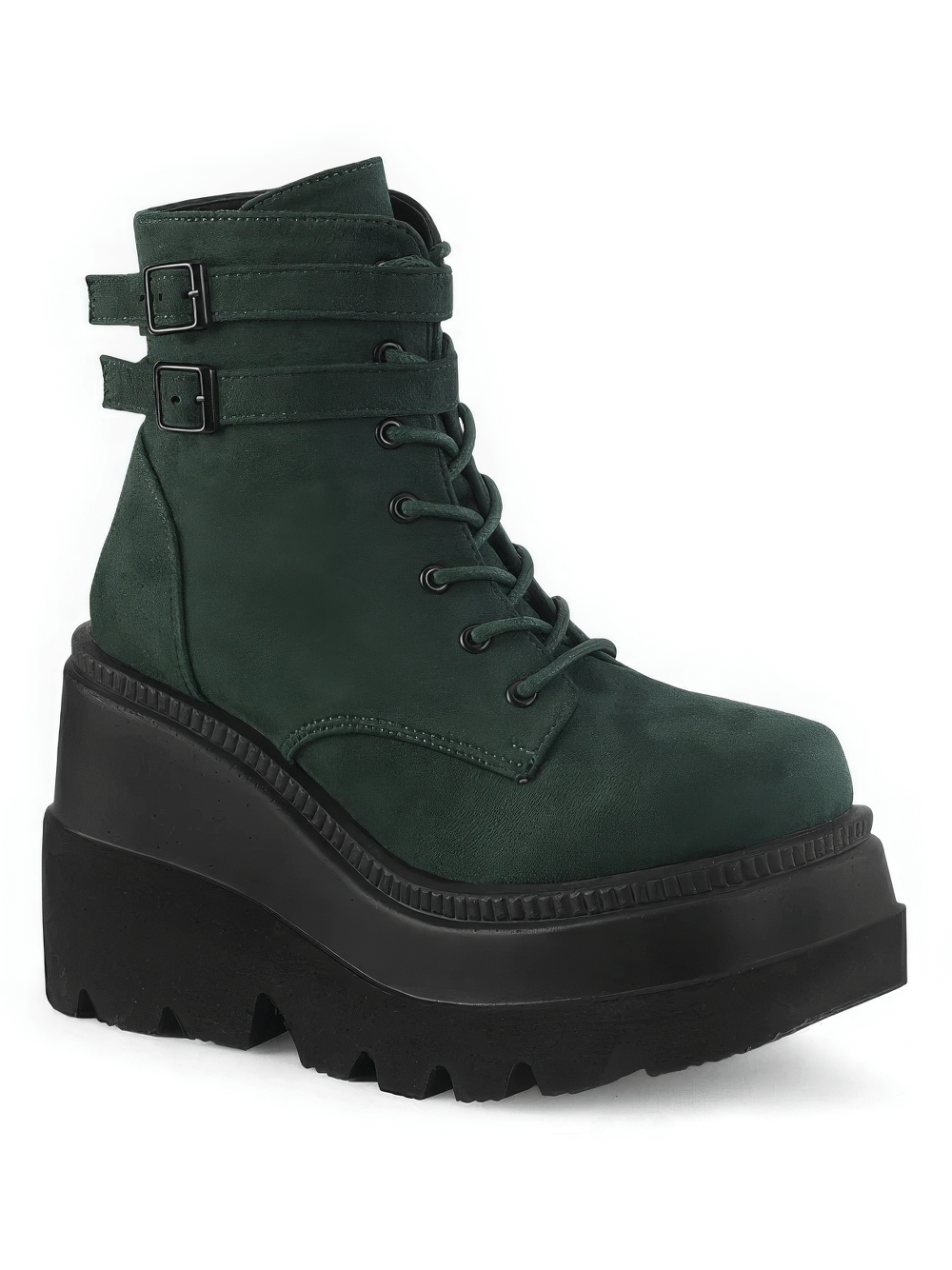 Edgy green Demonia lace-up platform ankle boots with dual buckles and chunky sole for alternative fashion.