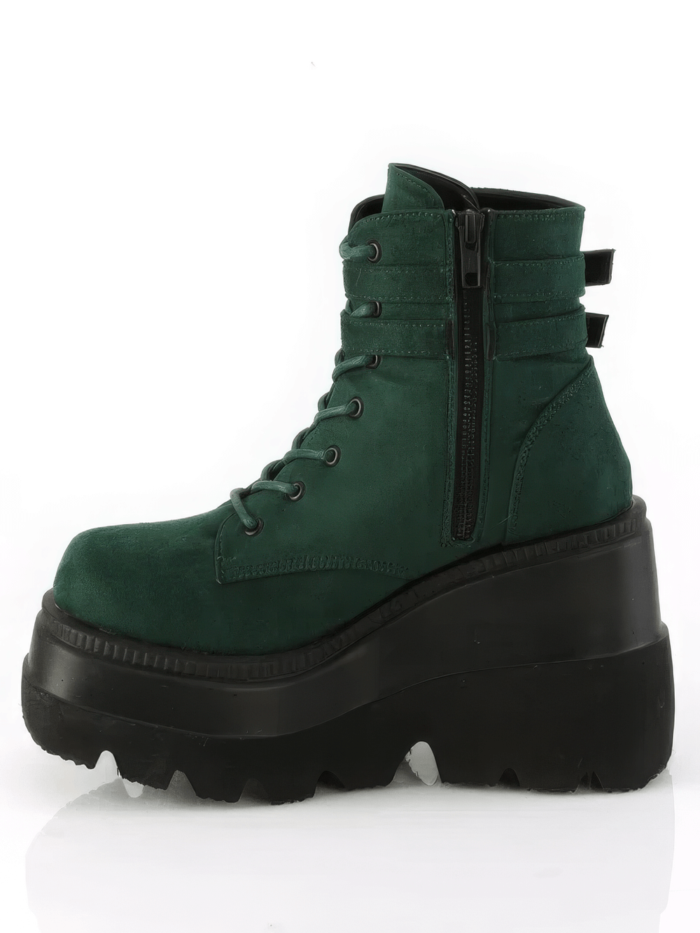 Edgy green Demonia lace-up platform ankle boot with buckles and inside zip closure for a secure fit and stylish elevation.