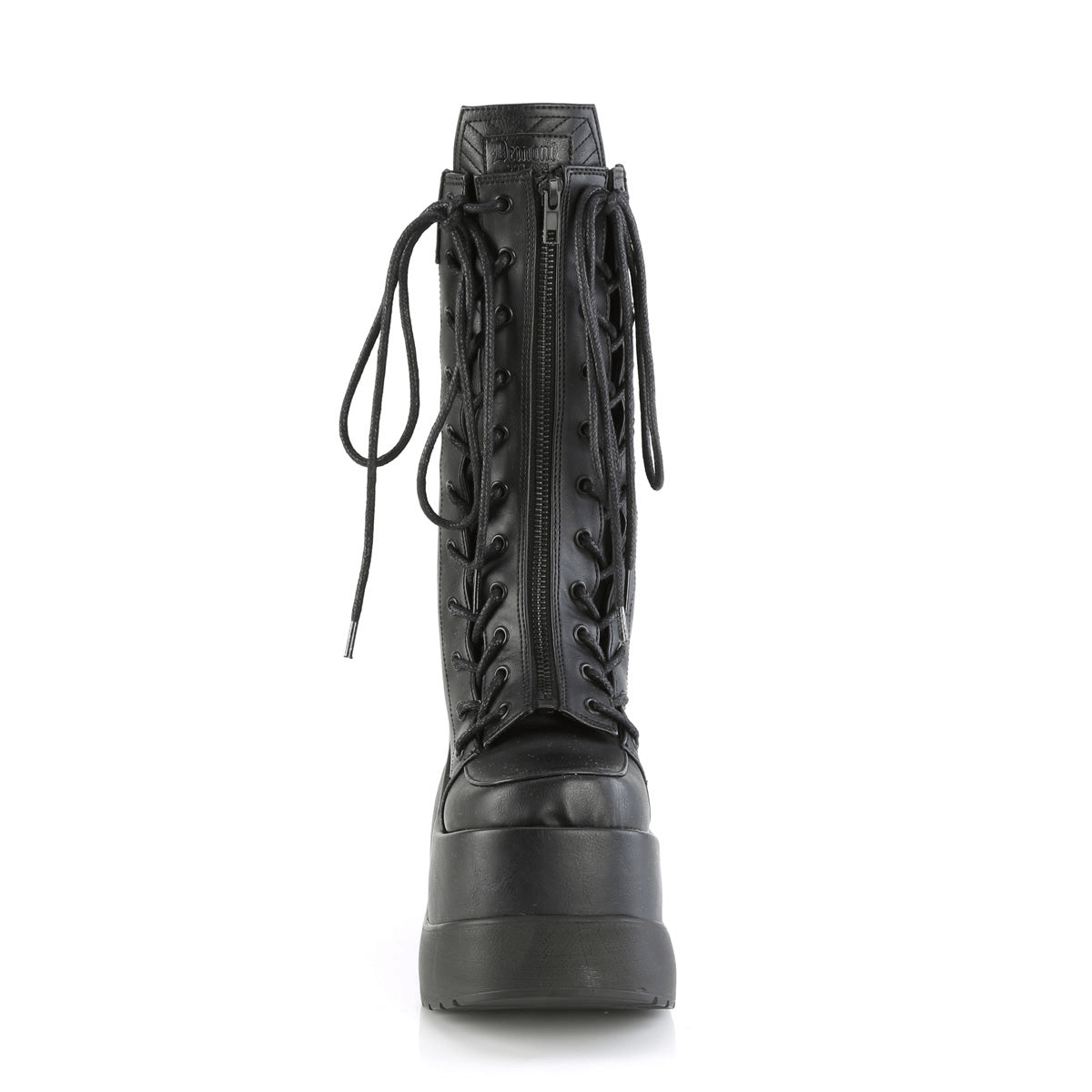 Bold Demonia lace-up mid-calf platform boots with coffin tongue and zip closure in sleek black vegan leather.