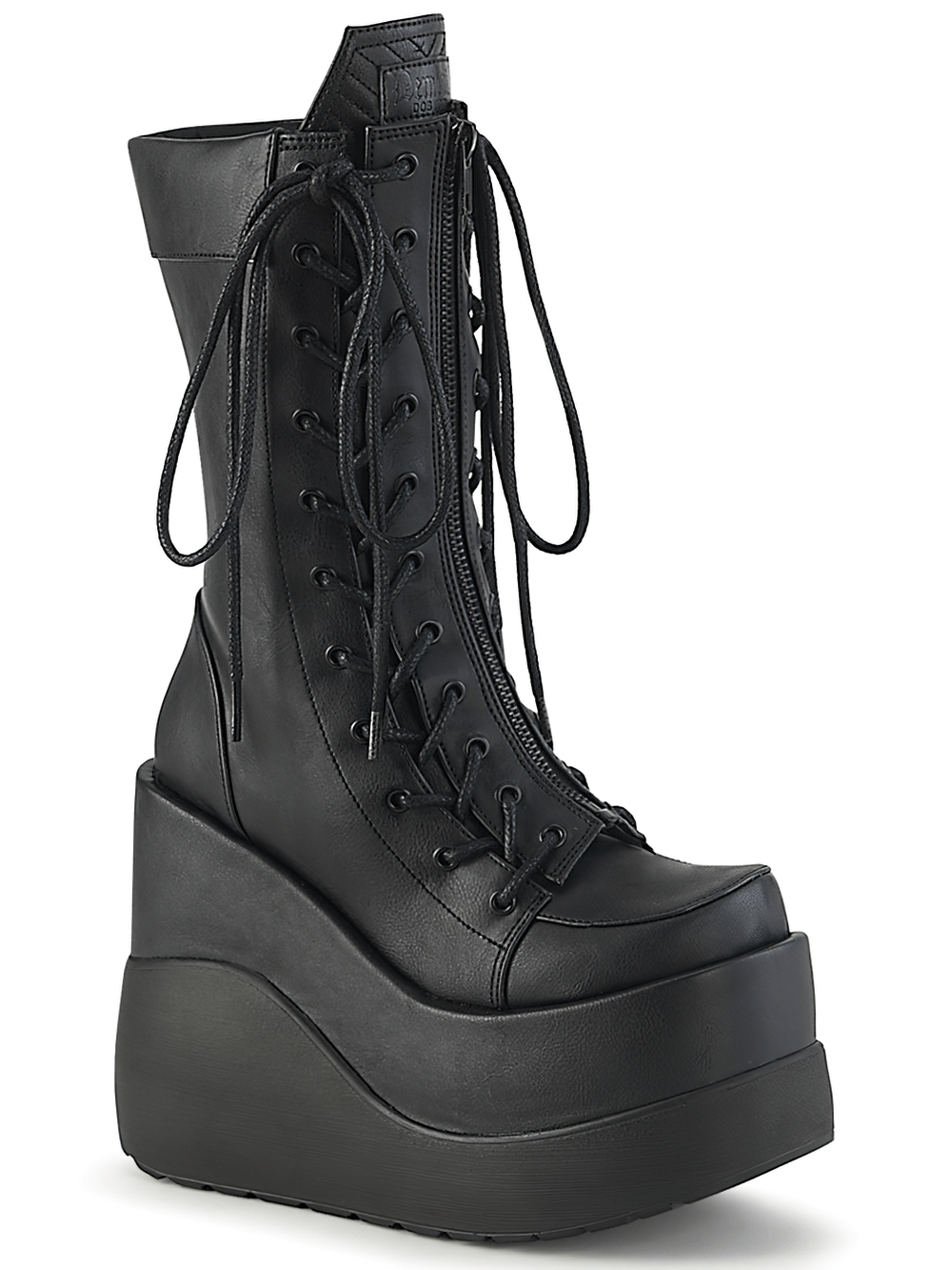 Bold lace-up mid-calf platform boots with coffin tongue and sleek black vegan leather finish.