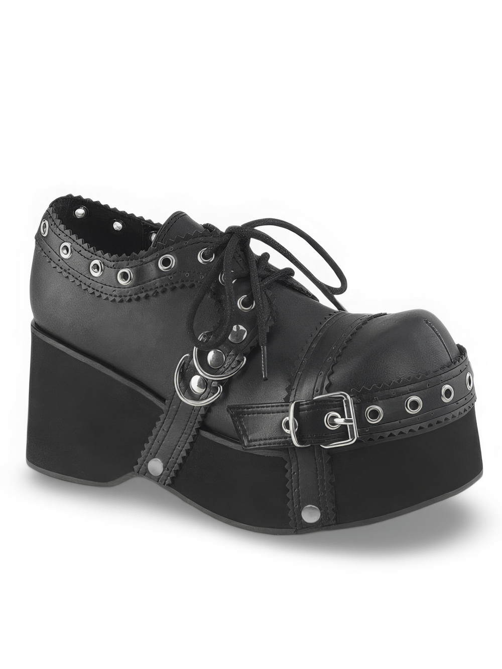 Black lace-up platform Oxford shoes with buckle straps and eyelet details, featuring scallop trim.