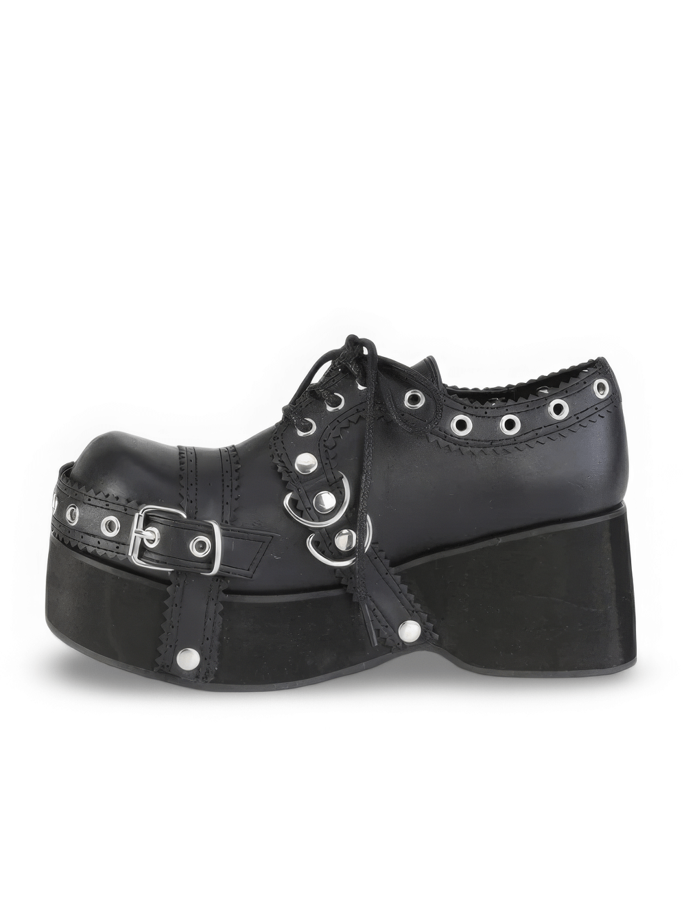 Demonia black lace-up platform shoes with buckle straps and eyelet details, showcasing edgy scallop trim.