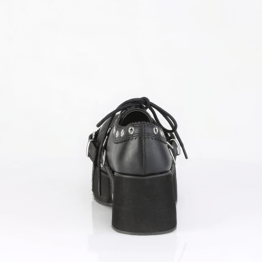 Back view of DEMONIA black lace-up platform Oxford shoes with eyelet details and scallop trim.